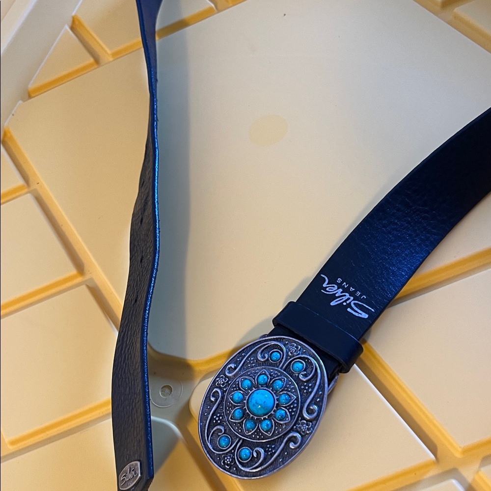 Silver jeans black Belt with Turquoise Accent